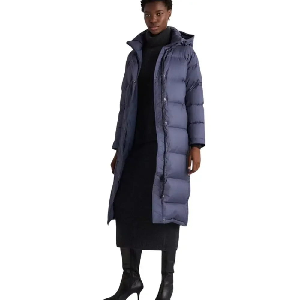 EUC Quince Women's XL Responsible Down Long Puffer Coat Storm Blue $200 Preppy